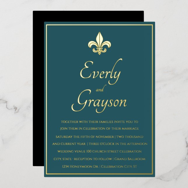 Elegant Teal Blue Gold Fleur De Lis Wedding       Foil Invitation (Front/Back)