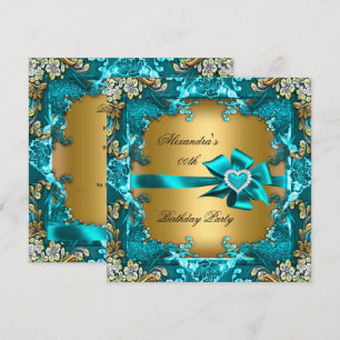 Elegant Teal Blue Gold Floral Birthday Party Invitation