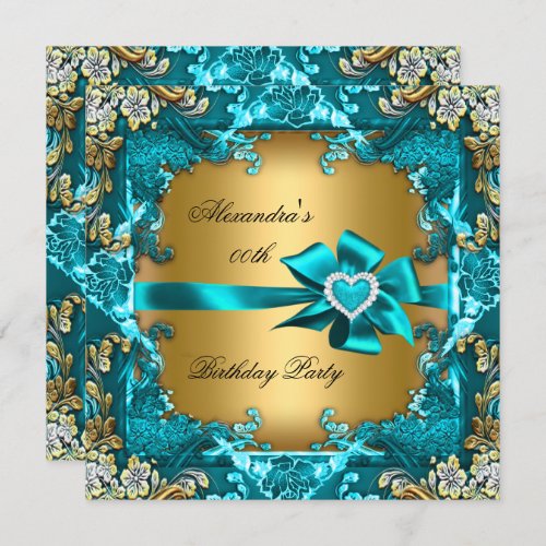 Elegant Teal Blue Gold Floral Birthday Party Invitation