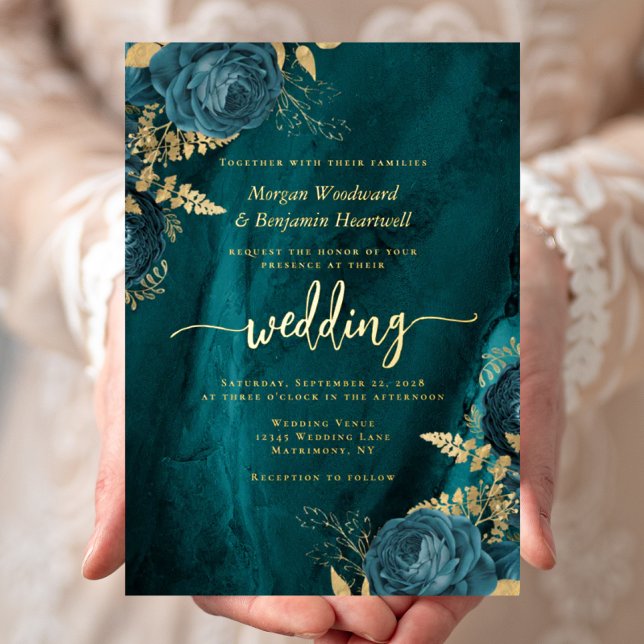 Elegant Teal Blue Gold Floral Wedding Foil Invitation (Creator Uploaded)