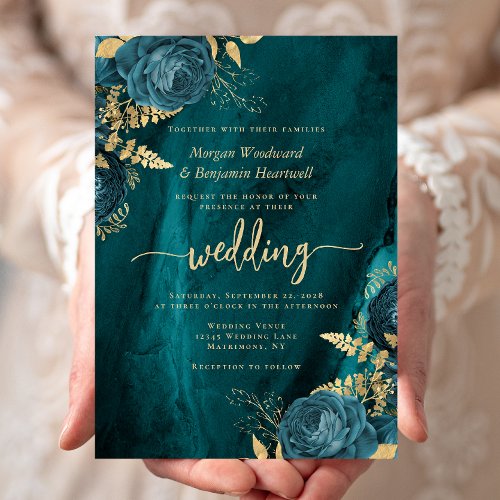 Elegant Teal Blue Gold Floral Wedding Invitation