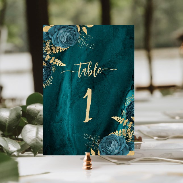 Elegant Teal Blue Gold Floral Wedding Table Number (Creator Uploaded)