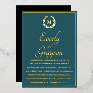 Elegant Teal Blue Gold Laurel Wreath Wedding Foil Invitation