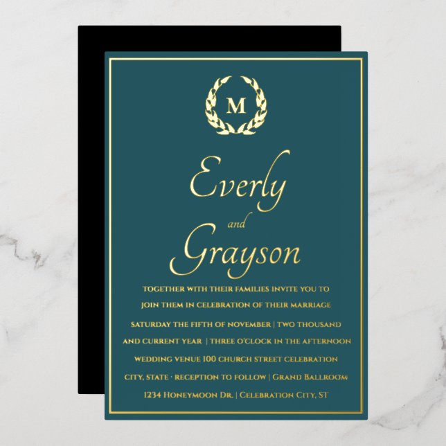 Elegant Teal Blue Gold Laurel Wreath Wedding Foil Invitation (Front/Back)