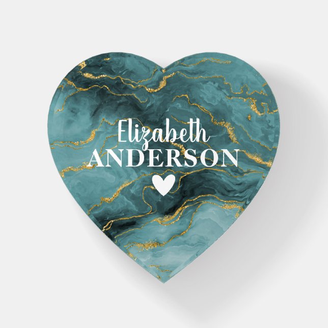 Elegant Teal Blue Gold Marble Monogram Name Heart Paperweight (Front)