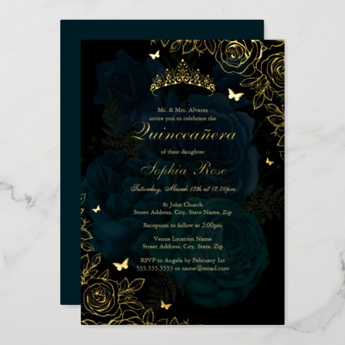 Elegant Teal Blue Gold Rose Quinceanera Foil Invitation