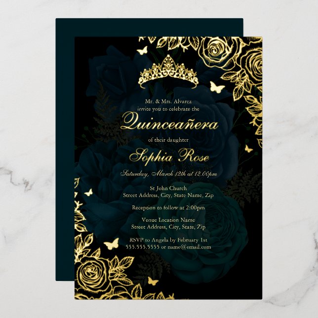 Elegant Teal Blue Gold Rose Quinceanera Foil Invitation (Front/Back)