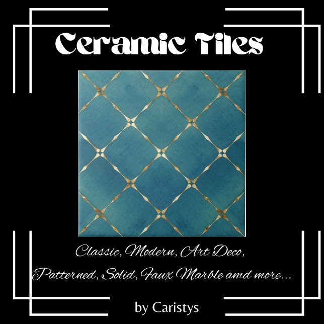 Elegant Teal Blue & Gold Squares Ceramic Tile (Creator Uploaded)