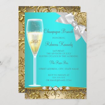 Elegant Teal Blue Gold White Champagne Brunch Invitation by Zizzago at Zazzle