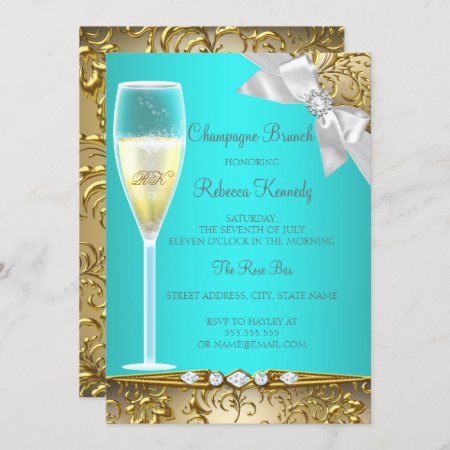 Elegant Teal Blue Gold White Champagne Brunch Invitation