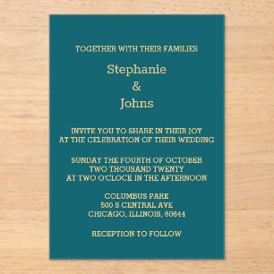 Elegant Teal Blue Green Gold Script Wedding Acrylic Invitations