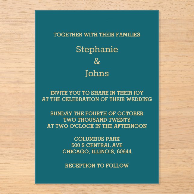 Elegant Teal Blue Green Gold Script Wedding Acrylic Invitations (Front)