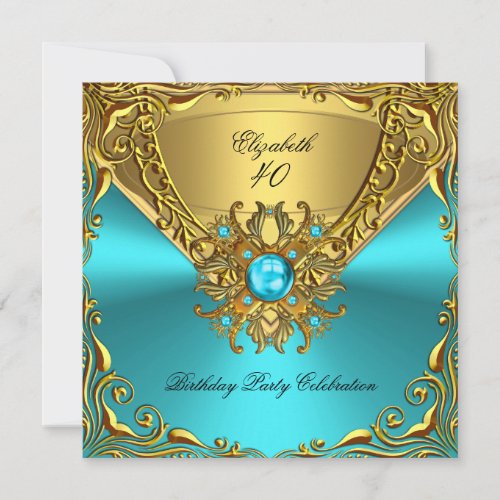 Elegant Teal Blue Jewel Gold Birthday Party Invitation