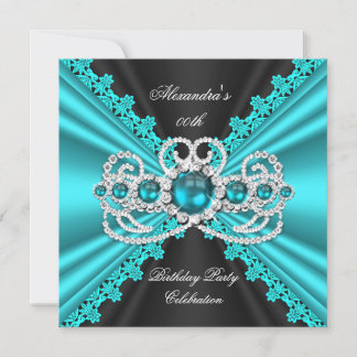 Elegant Teal Blue Lace Black Diamond Birthday Invitation