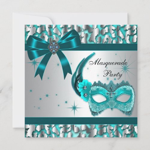 Elegant Teal Blue Leopard Masquerade Party Personalized Invites