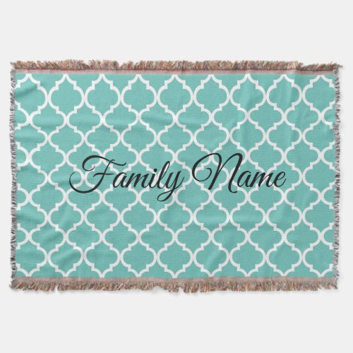 Elegant teal blue moroccan quatrefoil tile pattern throw blanket