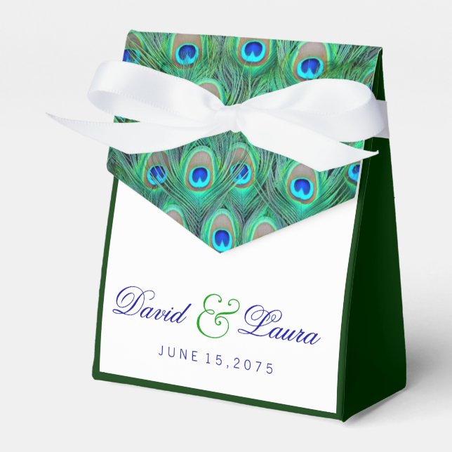 Elegant Teal Blue Peacock Wedding Favor Boxes (Front Side)