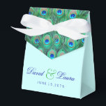 Elegant Teal Blue Peacock Wedding Favor Boxes<br><div class="desc">Beautiful royal blue,  emerald green and teal blue peacock wedding favor boxes. These elegant teal blue peacock feather wedding favor boxes can be customized with your text,  background color and ribbon color.</div>