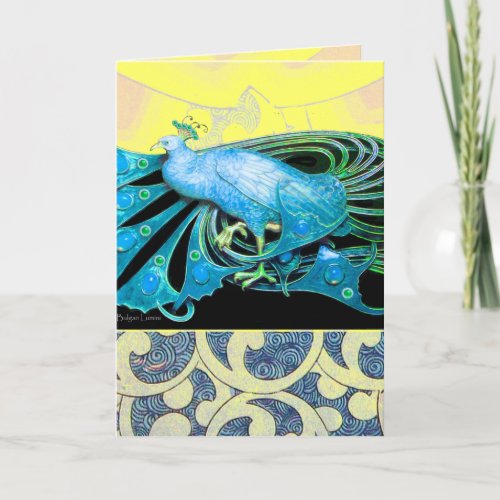 ELEGANT TEAL BLUE PEACOCK WITH GEOMETRIC SWIRLS HOLIDAY CARD