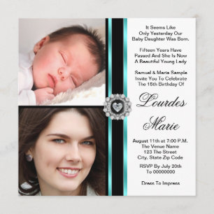 Elegant Teal Blue Photo Quinceanera Invitations