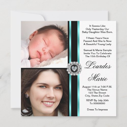 Elegant Teal Blue Photo Quinceanera Invitations