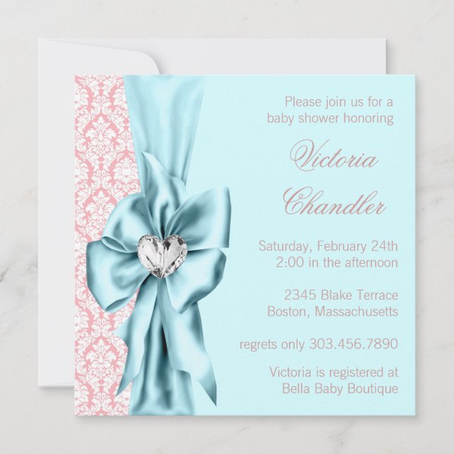 Elegant Teal Blue Pink Damask Baby Girl Shower Invitation (Front)