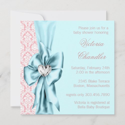 Elegant Teal Blue Pink Damask Baby Girl Shower Announcements