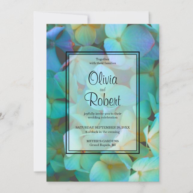 Elegant Teal blue pink hydrangeas flowers Wedding Invitation (Front)