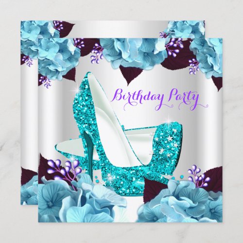 Elegant Teal Blue Purple Hi Heels Birthday Party 2 Invitation