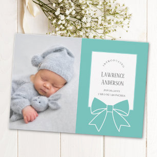 Elegant Teal Blue Ribbon Bow Baby 2 Photo Birth Announcement