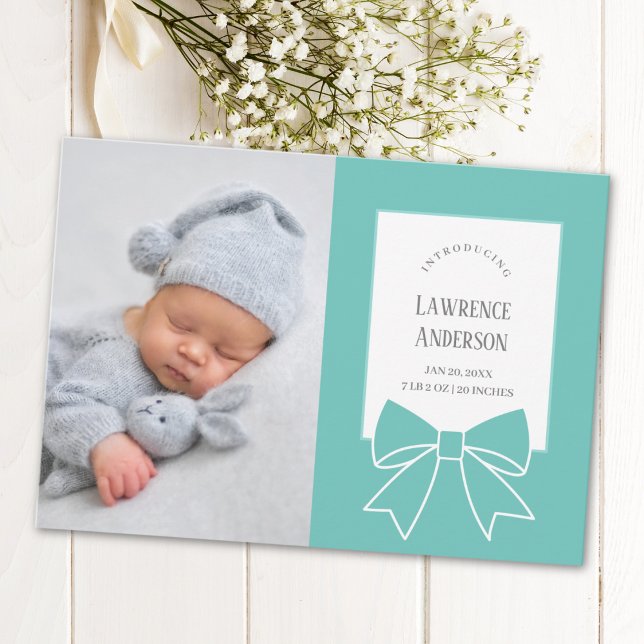 Elegant Teal Blue Ribbon Bow Baby 2 Photo Birth Announcement (Creator Uploaded)