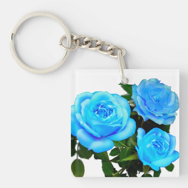 Elegant teal blue roses blue floral blue flowers keychain (Front)