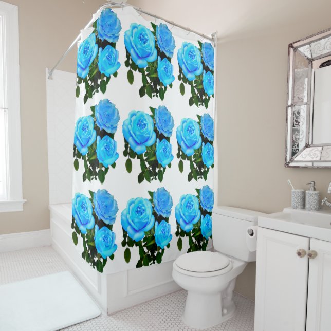 Elegant teal blue roses blue floral blue flowers shower curtain (In Situ)