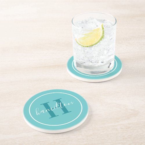 Elegant Teal Blue Round Custom Monogram Initial Coaster