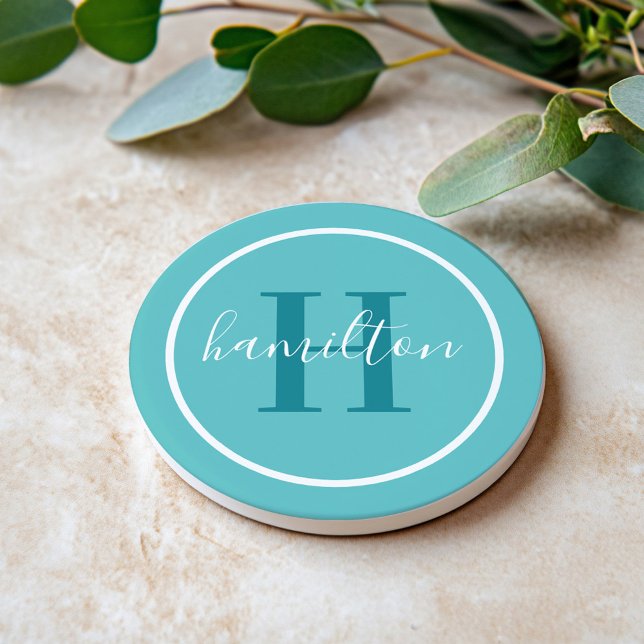 Elegant Teal Blue Round Custom Monogram Initial Coaster (Creator Uploaded)