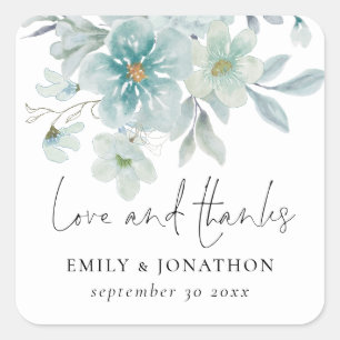 Elegant Teal Blue Sea Mist Floral Love and Thanks Square Sticker
