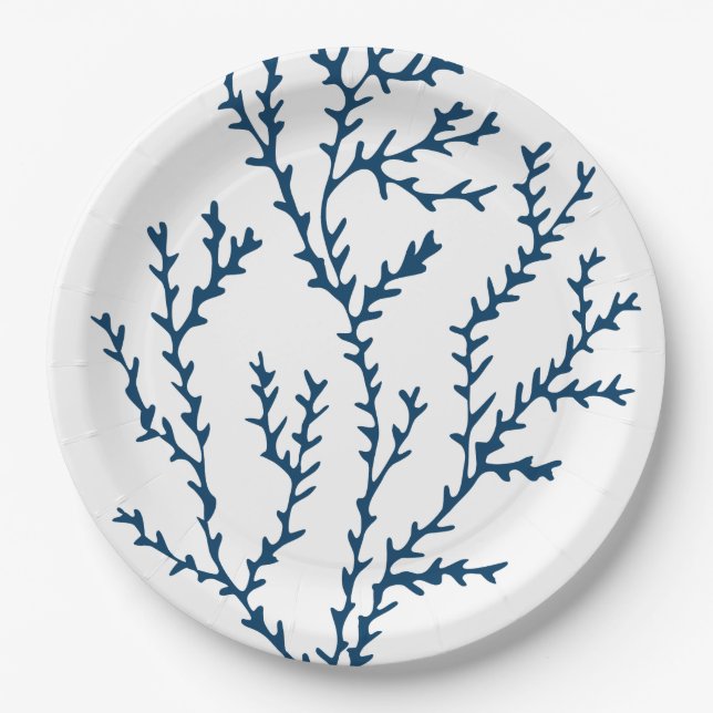 Elegant Teal Blue Seaweed Pattern - Ocean Themed Paper Plates (Front)