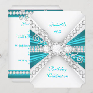 Elegant Teal Blue Silver Diamond Birthday Party 2 Invitation