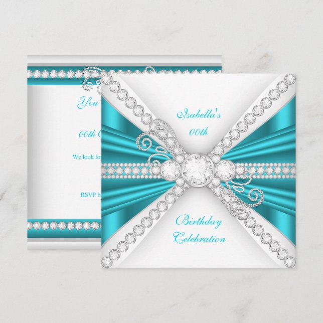 Elegant Teal Blue Silver Diamond Birthday Party Invitation (Front/Back)