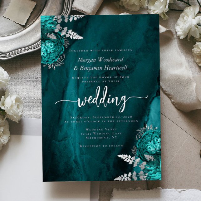 Elegant Teal Blue Silver Floral Wedding Foil Invitation (Creator Uploaded)