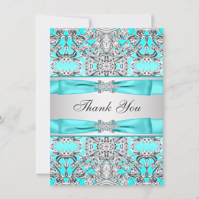 Elegant Teal Blue Silver Thank You Card (Front)