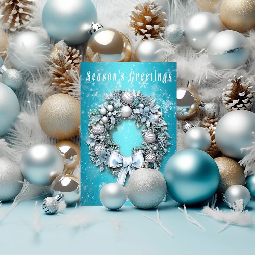 Elegant Teal Blue  Silver Wreath Christmas  Foil Holiday Card