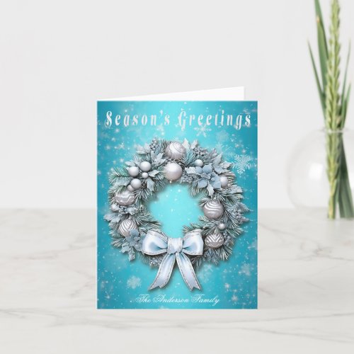 Elegant Teal Blue  Silver Wreath Christmas  Holiday Card