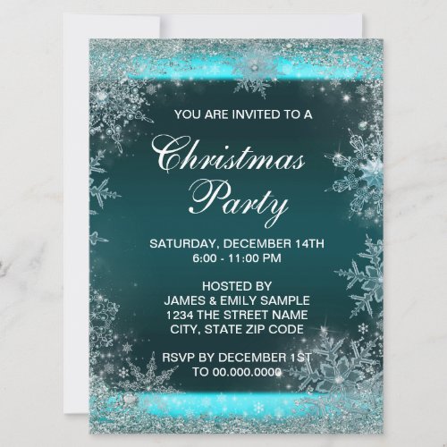 Elegant Teal Blue Snowflake Christmas Party Invitation