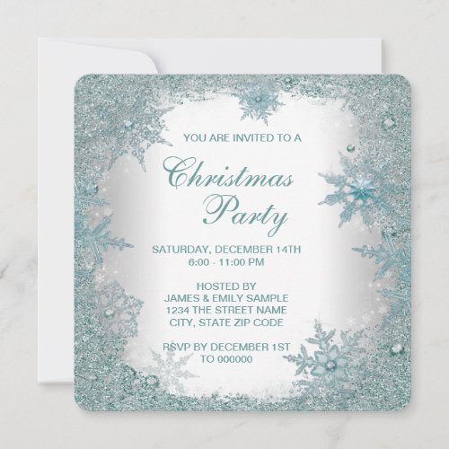 Elegant Teal Blue Snowflake Christmas Party Invitation