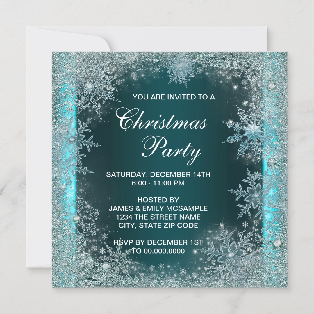 Teal Blue Snowflake Christmas Party Invitation | Zazzlecom