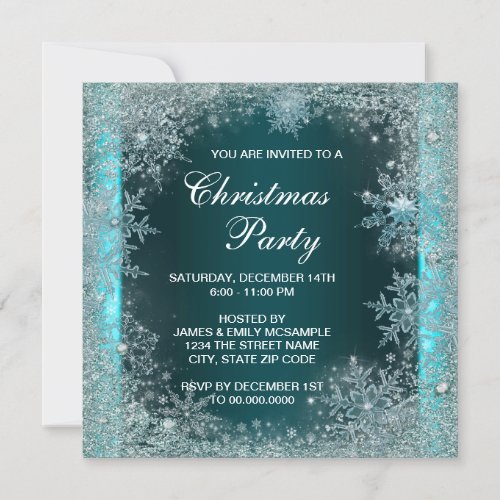 Elegant Teal Blue Snowflake Christmas Party Invitation