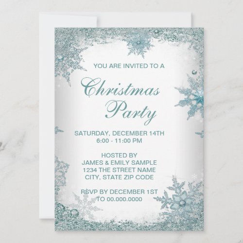 Elegant Teal Blue Snowflake Christmas Party Invitation