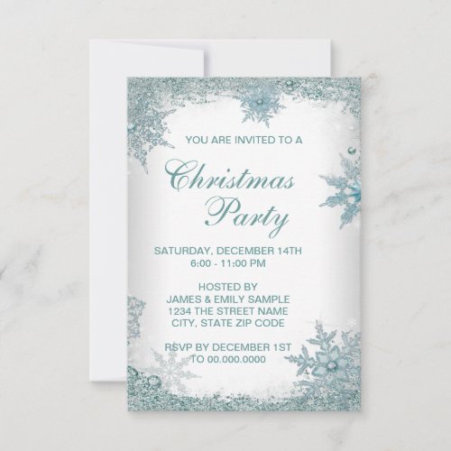 Elegant Teal Blue Snowflake Christmas Party RSVP Invitation