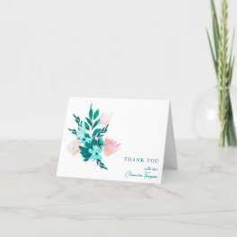 Elegant Teal Blue Watercolor Floral Bridal Shower Thank You Card